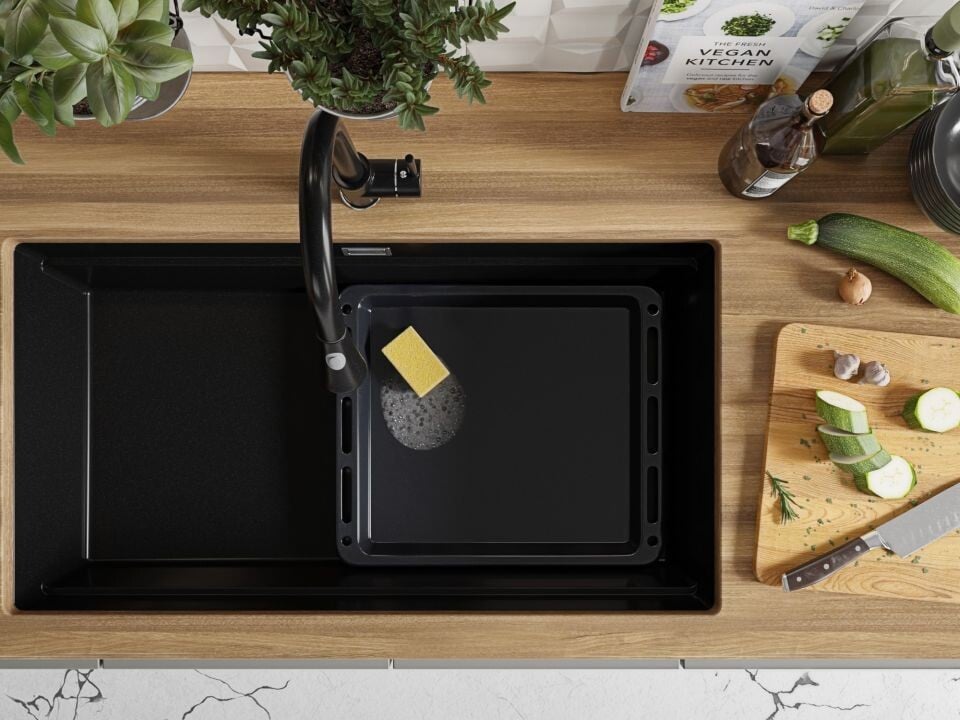 Chiuvetă de bucătărie din granit sub blat cu cea mai mare cuvă XXL – Praga 90 Level (+ scurgător cu rolă GRATUIT)