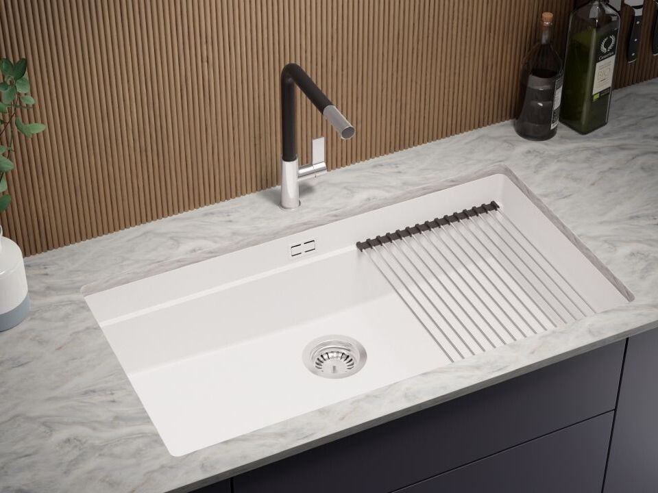 Chiuvetă de bucătărie din granit sub blat cu cea mai mare cuvă XXL – Praga 90 Level (+ scurgător cu rolă GRATUIT)