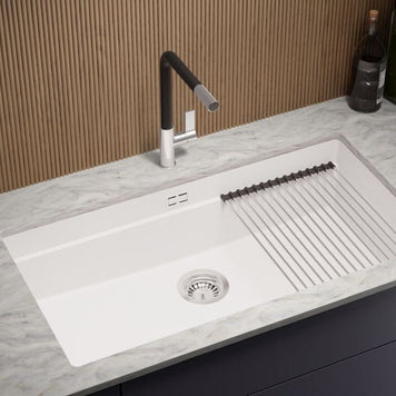 Chiuvetă de bucătărie din granit sub blat cu cea mai mare cuvă XXL – Praga 90 Level (+ scurgător cu rolă GRATUIT)