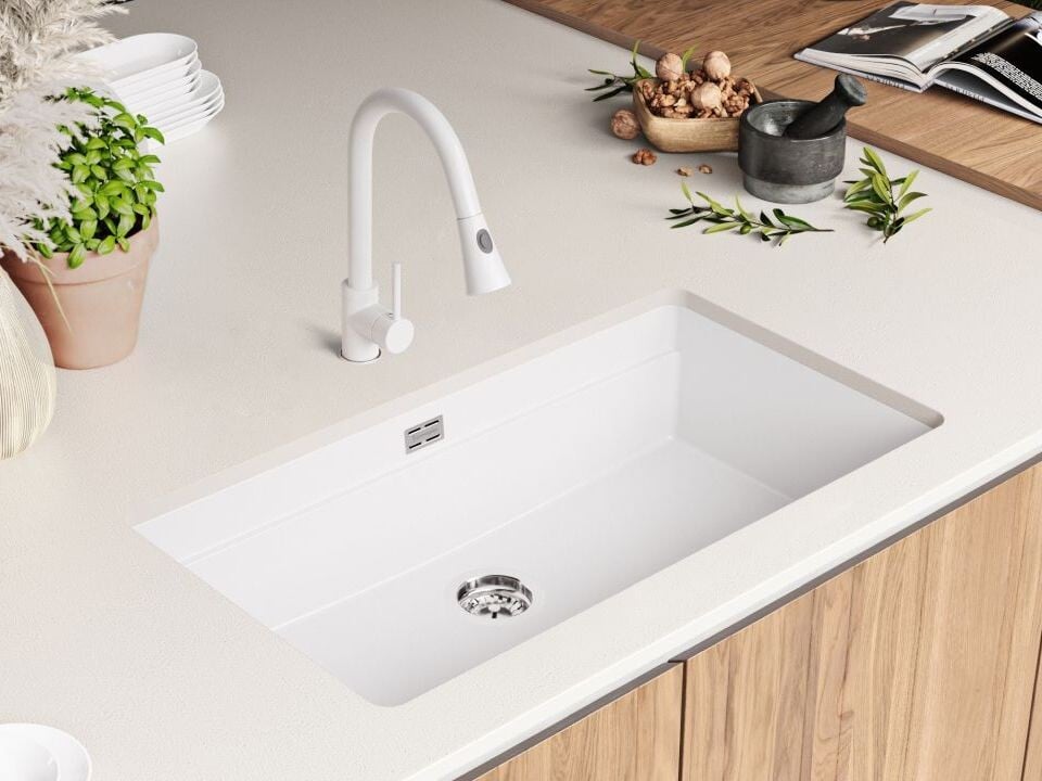 Chiuvetă de bucătărie din granit sub blat cu cea mai mare cuvă XXL – Praga 90 Level (+ scurgător cu rolă GRATUIT)
