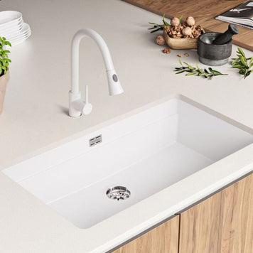 Chiuvetă de bucătărie din granit sub blat cu cea mai mare cuvă XXL – Praga 90 Level (+ scurgător cu rolă GRATUIT)