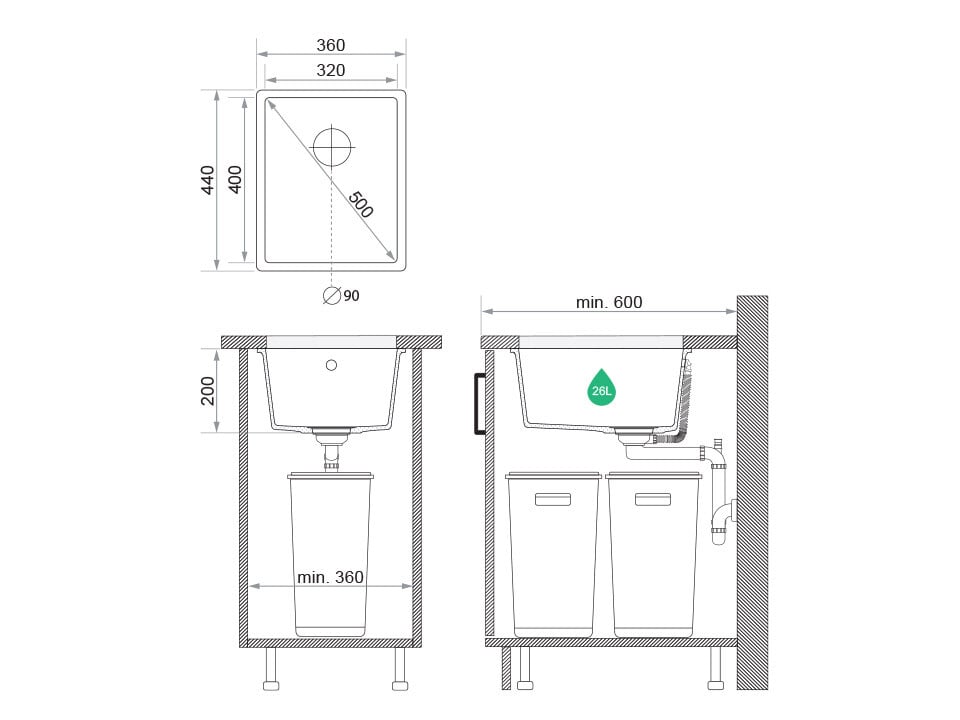 Chiuvetă de bucătărie din granit sub blat cu o cuvă XL – Veneția 40 Easy