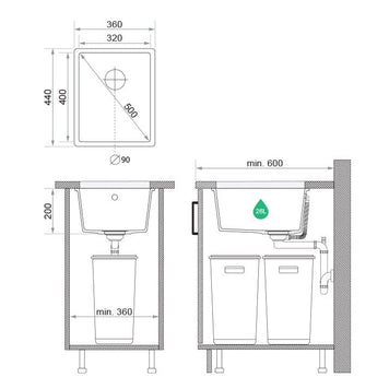 Chiuvetă de bucătărie din granit sub blat cu o cuvă XL – Veneția 40 Easy