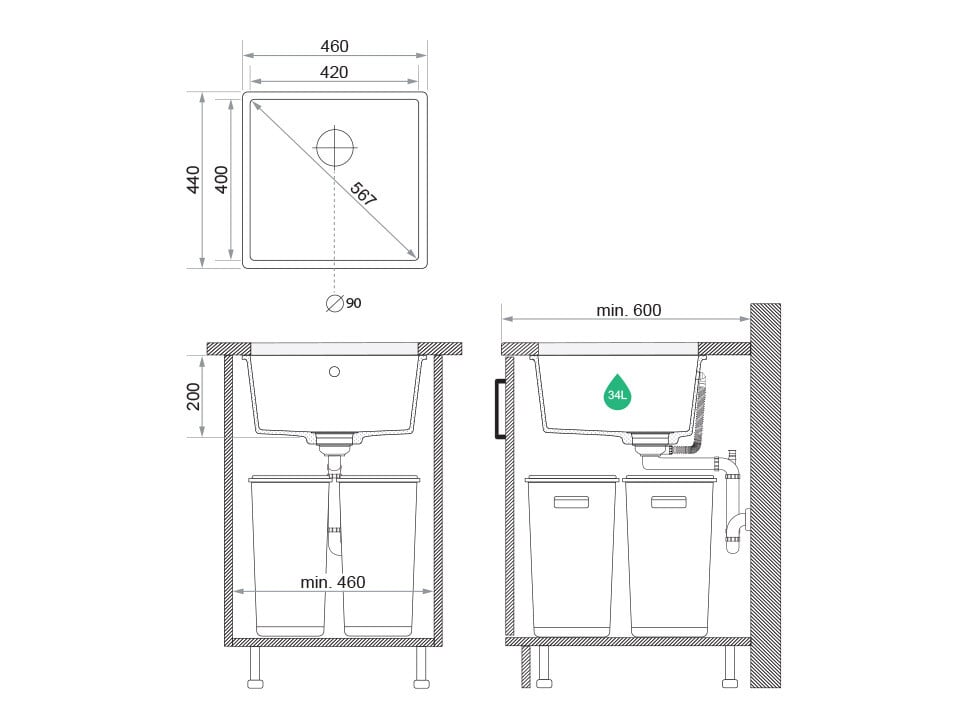 Chiuvetă de bucătărie din granit sub blat cu o cuvă mare XL Veneția 50 Easy