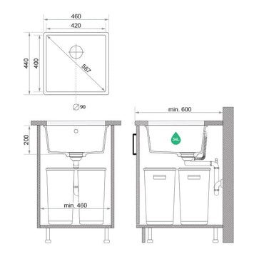 Chiuvetă de bucătărie din granit sub blat cu o cuvă mare XL Veneția 50 Easy
