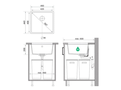Chiuvetă de bucătărie din granit sub blat cu o cuvă mare XL Veneția 50 Easy