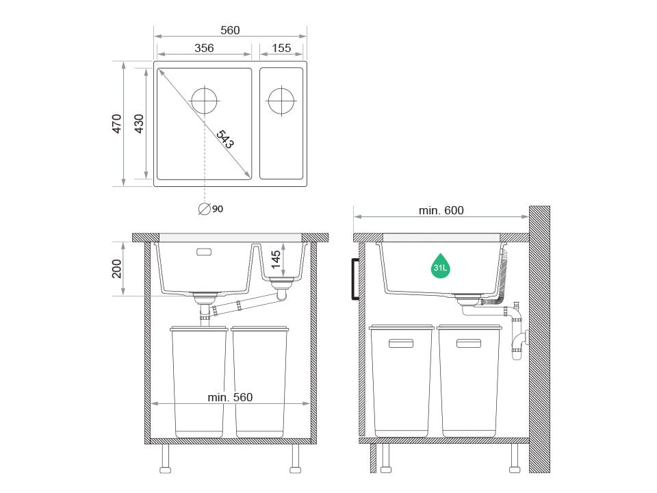 Chiuvetă granit sub blat London 60 Duo – Două cuve (principală + auxiliară)