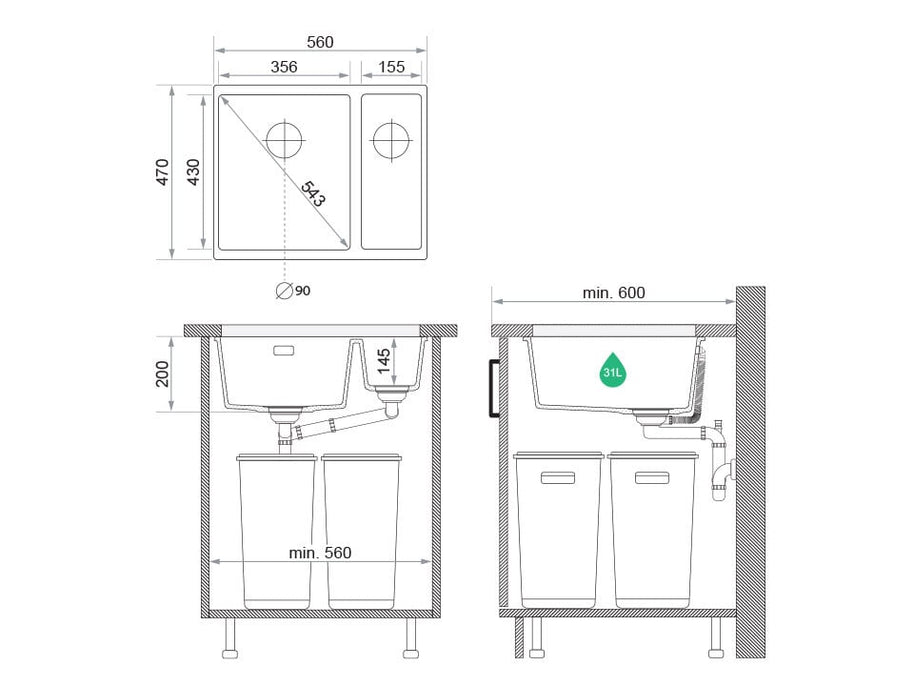 Chiuvetă granit sub blat London 60 Duo – Două cuve (principală + auxiliară)