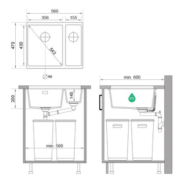 Chiuvetă granit sub blat London 60 Duo – Două cuve (principală + auxiliară)
