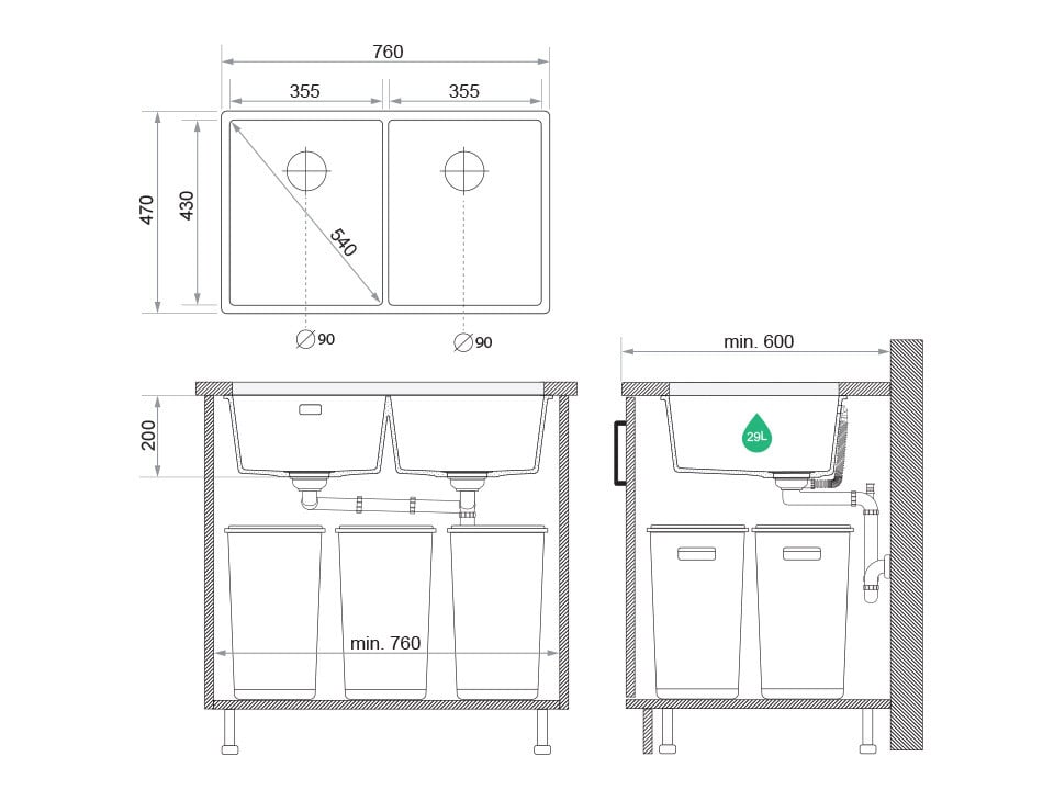 London 80 Twin — chiuvetă dublă sub blat, cuve XXL egale, design minimalist