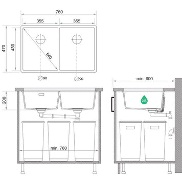 London 80 Twin — chiuvetă dublă sub blat, cuve XXL egale, design minimalist