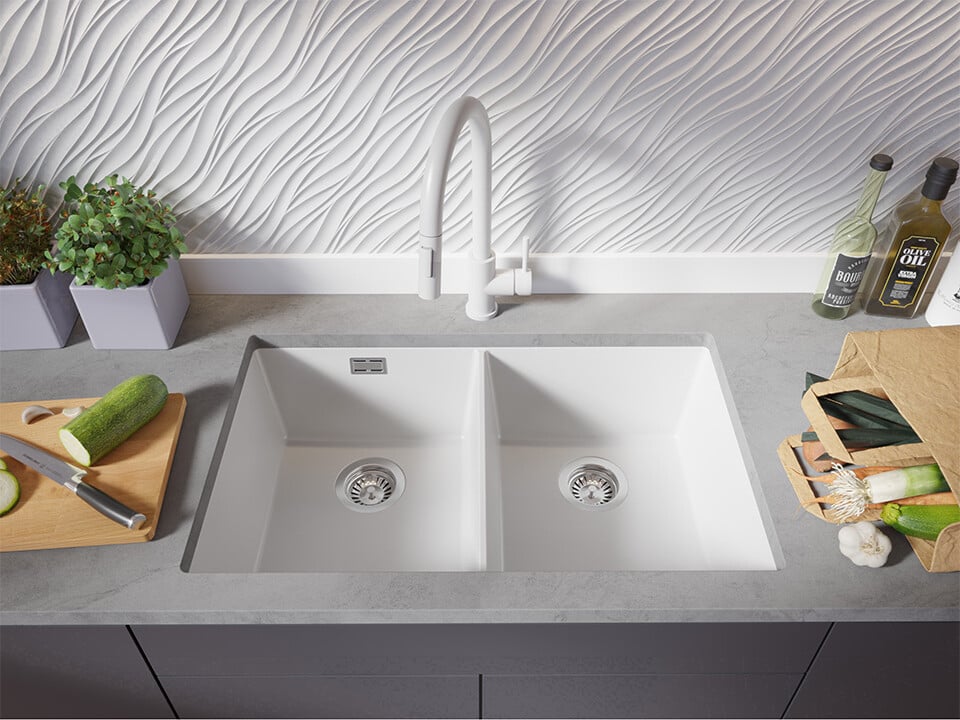 London 80 Twin — chiuvetă dublă sub blat, cuve XXL egale, design minimalist