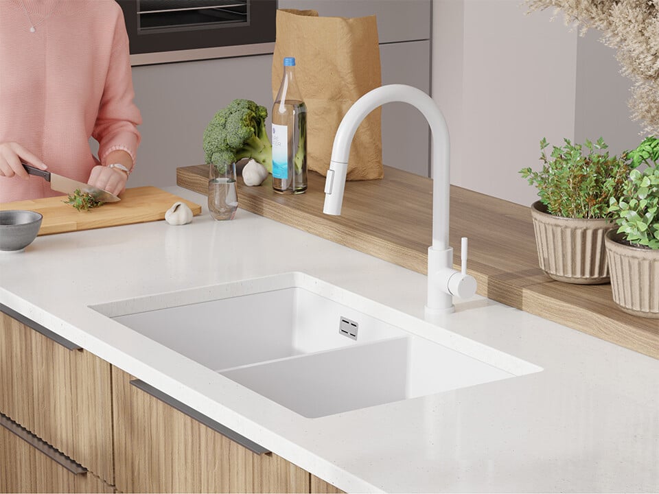 London 80 Twin — chiuvetă dublă sub blat, cuve XXL egale, design minimalist