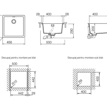 Chiuvetă bucătărie granit compozit Schock Greenwich N-100 Stone 456x456 mm, montaj pe/sub blat, gri piatră