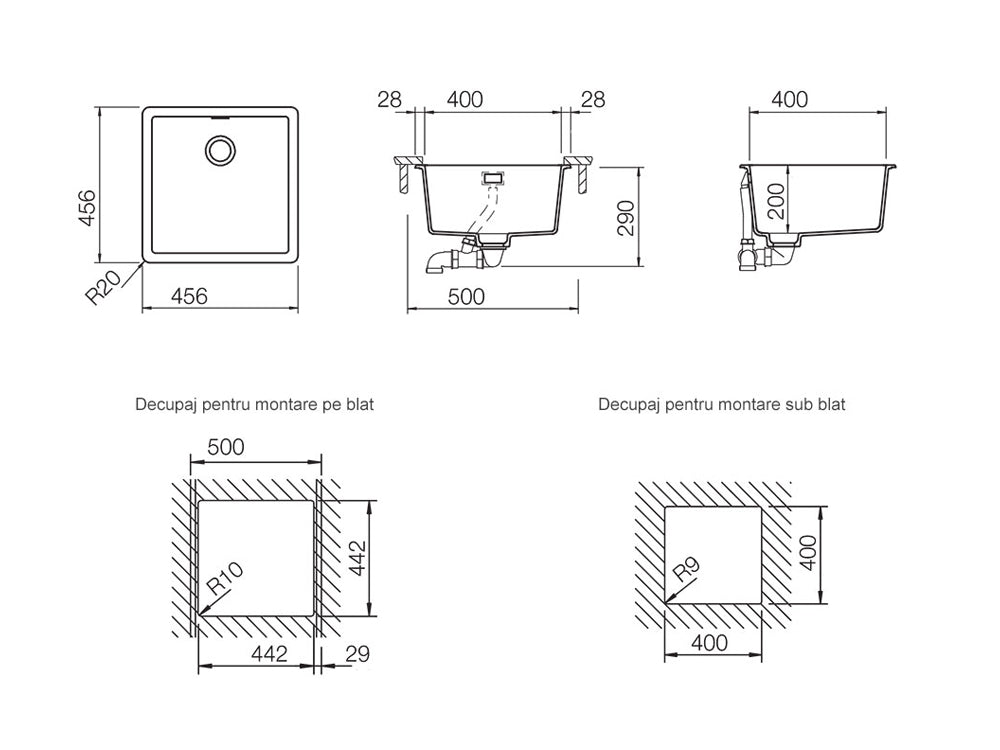Chiuvetă bucătărie granit compozit Schock Greenwich N-100 Polaris 456x456 mm, montaj pe/sub blat, alb polar