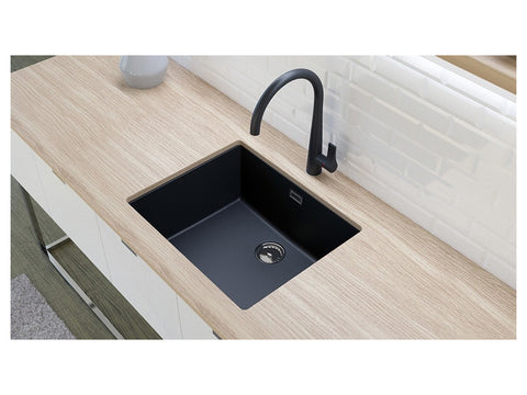 Chiuvetă bucătărie granit compozit Schock Greenwich N-100L Stone 556x456 mm, montaj pe/sub blat, gri piatră