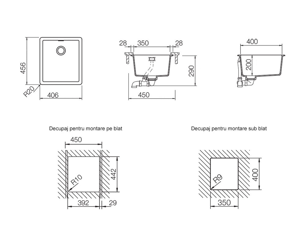 Chiuvetă bucătărie granit compozit Schock Greenwich N-100S Silverstone 406x456 mm, montaj pe/sub blat, gri închis