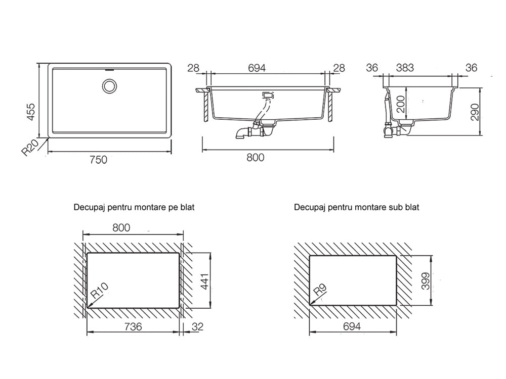 Chiuvetă bucătărie granit compozit Schock Greenwich N-100XL Puro 750x456 mm, montaj pe/sub blat, negru intens