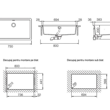 Chiuvetă bucătărie granit compozit Schock Greenwich N-100XL Magma 750x456 mm, montaj pe/sub blat, negru metalizat