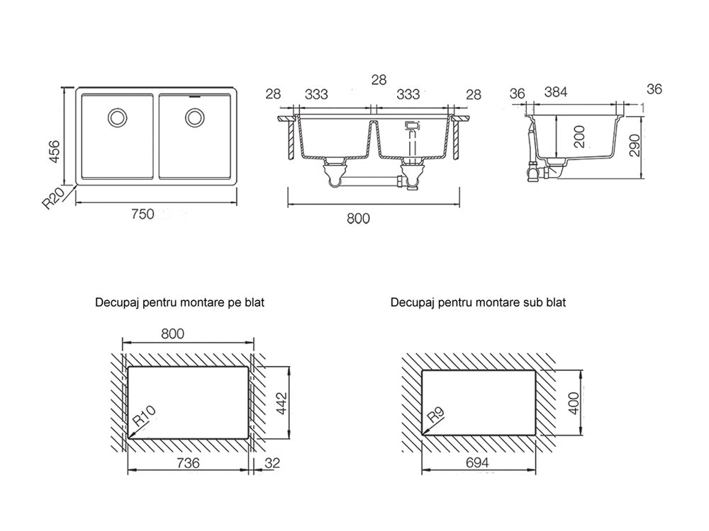 Chiuvetă bucătărie granit compozit Schock Greenwich N-200 Puro 750x455 mm, montaj pe/sub blat, negru intens