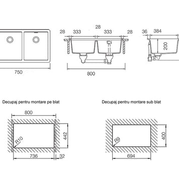 Chiuvetă bucătărie granit compozit Schock Greenwich N-200 Polaris 750x455 mm, montaj pe/sub blat, alb polar