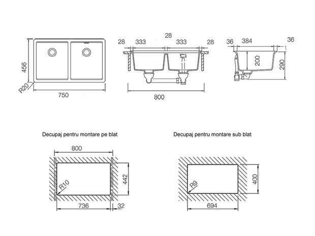 Chiuvetă bucătărie granit compozit Schock Greenwich N-200 Polaris 750x455 mm, montaj pe/sub blat, alb polar