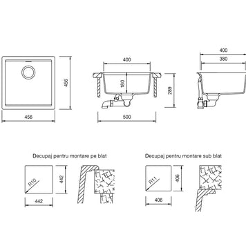 Chiuvetă bucătărie granit compozit Schock Kiruna N-100 Night 456x456 mm, montaj pe/sub blat, negru profund