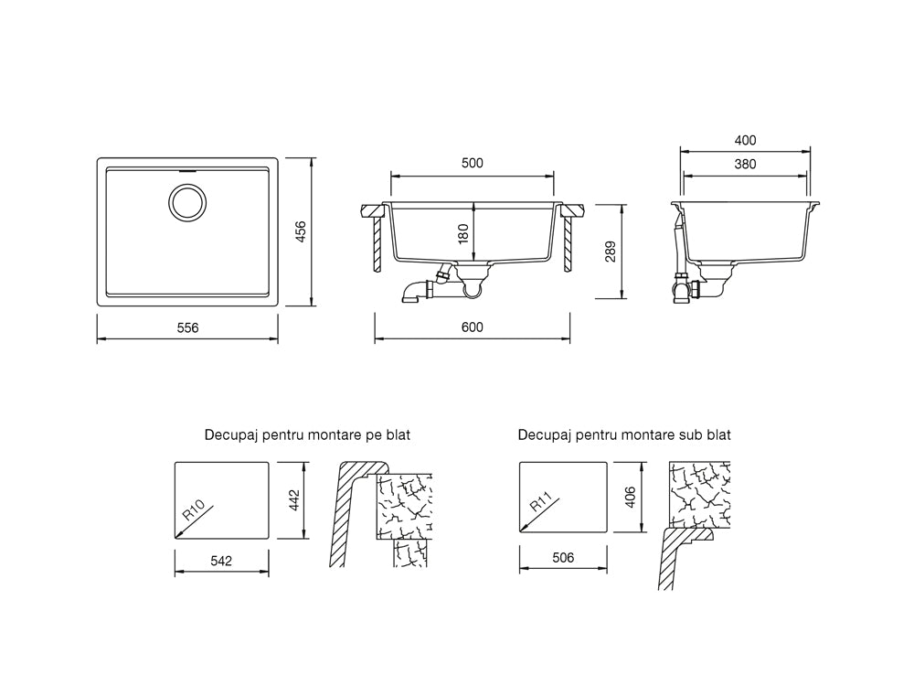 Chiuvetă bucătărie granit compozit Schock Kiruna N-100L Dusk 556x456 mm, montaj pe/sub blat, gri închis mat