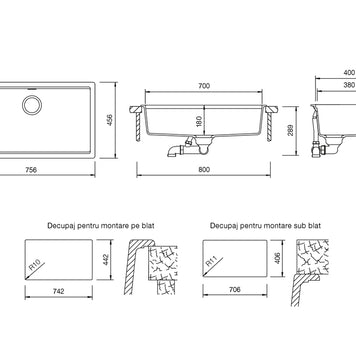 Chiuvetă bucătărie granit compozit Schock Kiruna N-100XL Dusk 756x456 mm, montaj pe/sub blat, gri închis mat