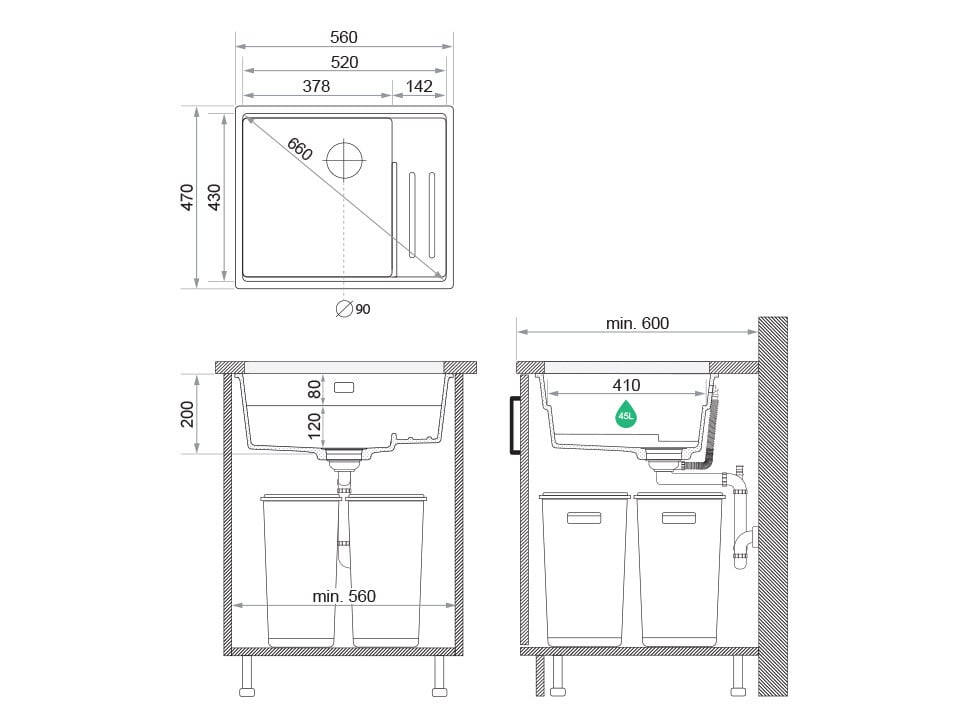 Chiuvetă de bucătărie din granit sub blat cu scurgător intern Step și cea mai mare cuvă XXL – Praga 60 Level (+ scurgător cu rolă GRATUIT)