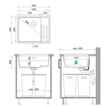 Chiuvetă de bucătărie din granit sub blat cu scurgător intern Step și cea mai mare cuvă XXL – Praga 60 Level (+ scurgător cu rolă GRATUIT)