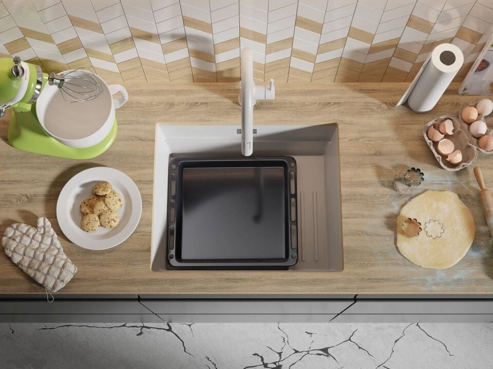 Chiuvetă de bucătărie din granit sub blat cu scurgător intern Step și cea mai mare cuvă XXL – Praga 60 Level (+ scurgător cu rolă GRATUIT)