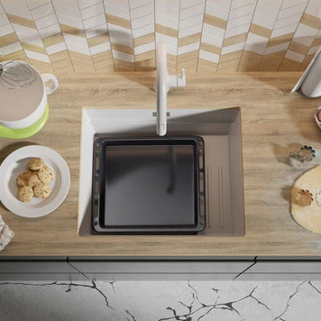 Chiuvetă de bucătărie din granit sub blat cu scurgător intern Step și cea mai mare cuvă XXL – Praga 60 Level (+ scurgător cu rolă GRATUIT)