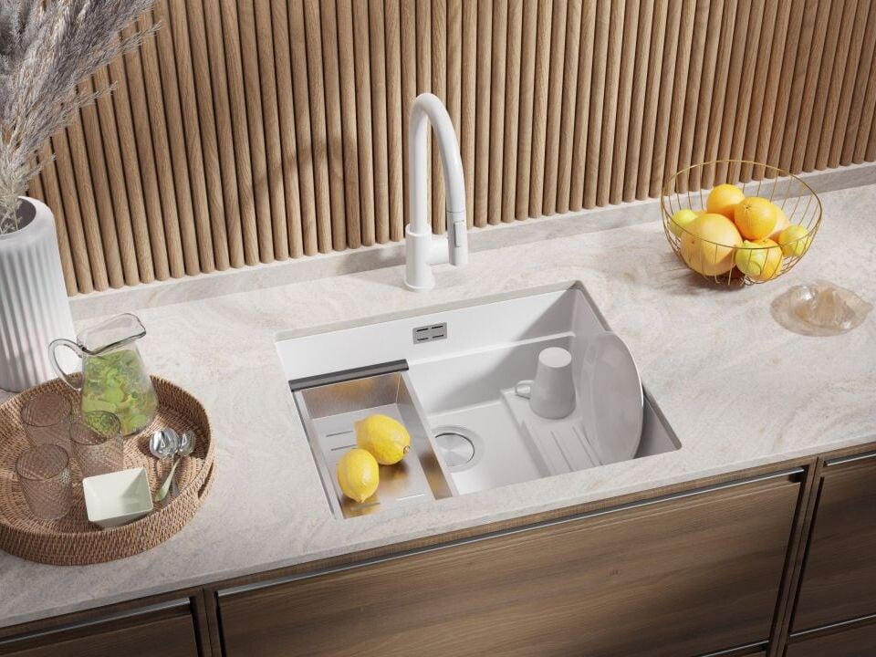 Chiuvetă de bucătărie din granit sub blat cu scurgător intern Step și cea mai mare cuvă XXL – Praga 60 Level (+ scurgător cu rolă GRATUIT)