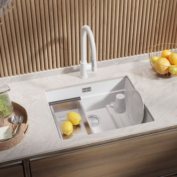 Chiuvetă de bucătărie din granit sub blat cu scurgător intern Step și cea mai mare cuvă XXL – Praga 60 Level (+ scurgător cu rolă GRATUIT)