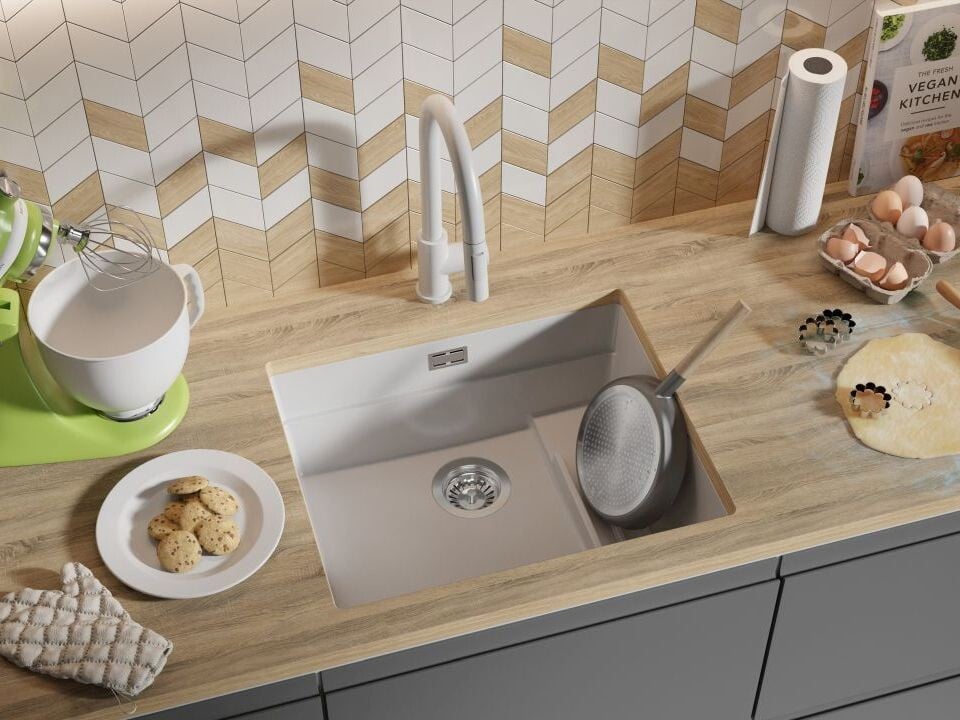 Chiuvetă de bucătărie din granit sub blat cu scurgător intern Step și cea mai mare cuvă XXL – Praga 60 Level (+ scurgător cu rolă GRATUIT)