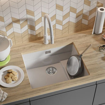 Chiuvetă de bucătărie din granit sub blat cu scurgător intern Step și cea mai mare cuvă XXL – Praga 60 Level (+ scurgător cu rolă GRATUIT)