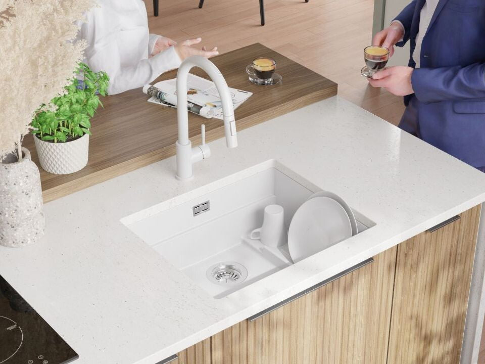 Chiuvetă de bucătărie din granit sub blat cu scurgător intern Step și cea mai mare cuvă XXL – Praga 60 Level (+ scurgător cu rolă GRATUIT)