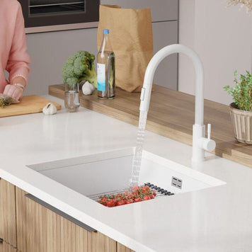 Chiuvetă de bucătărie din granit sub blat cu scurgător intern Step și cea mai mare cuvă XXL – Praga 60 Level (+ scurgător cu rolă GRATUIT)