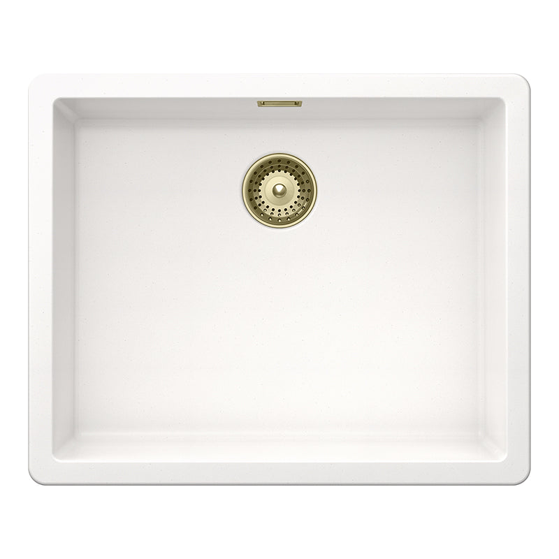 Set chiuvetă bucătărie Schock Greenwich N-100L 556 x 456 mm Cristadur Polaris, alb polar cu părți vizibile și baterie bucătărie Schock Kavus cu cap extractibil White Gold