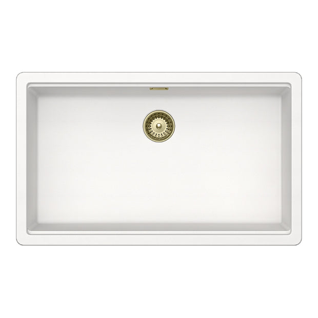 Set chiuvetă bucătărie Schock Greenwich N-100XL 750 x 456 mm Cristadur Polaris, alb polar cu părți vizibile și baterie bucătărie Schock Kavus cu cap extractibil White Gold