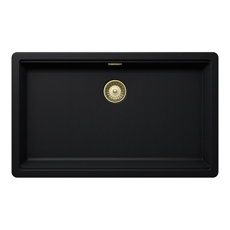 Set chiuvetă bucătărie Schock Greenwich N-100XL 750 x 456 mm Cristadur Puro, negru intens cu părți vizibile și baterie bucătărie Schock Kavus cu cap extractibil White Gold