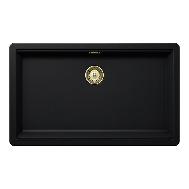 Set chiuvetă bucătărie Schock Greenwich N-100XL 750 x 456 mm Cristadur Puro, negru intens cu părți vizibile și baterie bucătărie Schock Kavus cu cap extractibil White Gold