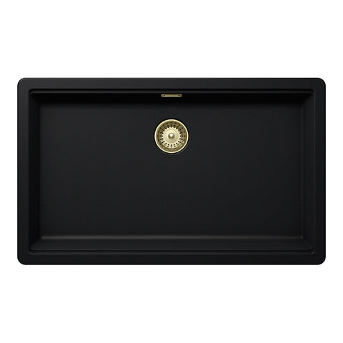 Set chiuvetă bucătărie Schock Greenwich N-100XL 750 x 456 mm Cristadur Puro, negru intens cu părți vizibile și baterie bucătărie Schock Kavus cu cap extractibil White Gold