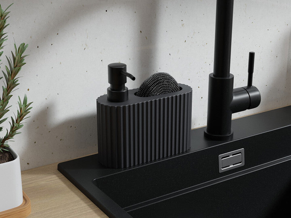 Dozator detergent vase cu spațiu pentru burete – oval cu striații 375 ml