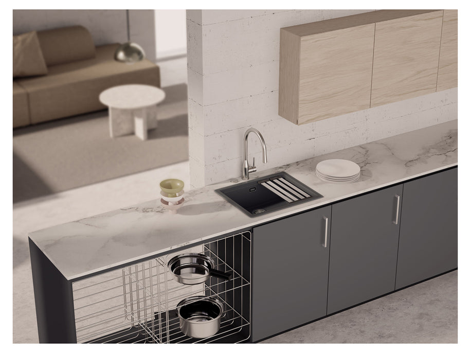 Chiuvetă bucătărie granit compozit Schock Kiruna N-100L Twilight 556x456 mm, montaj pe/sub blat, gri taupe