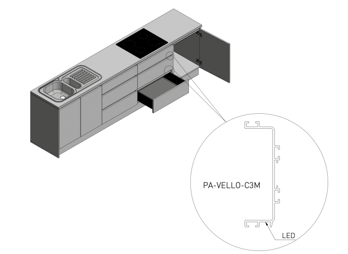 Profil mâner C VELLO, LED, 3 m, negru mat