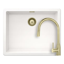 Set chiuvetă bucătărie Schock Greenwich N-100L 556 x 456 mm Cristadur Polaris, alb polar cu părți vizibile și baterie bucătărie Schock Kavus cu cap extractibil White Gold