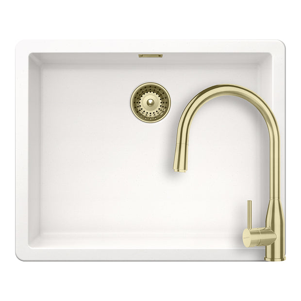 Set chiuvetă bucătărie Schock Greenwich N-100L 556 x 456 mm Cristadur Polaris, alb polar cu părți vizibile și baterie bucătărie Schock Kavus cu cap extractibil White Gold