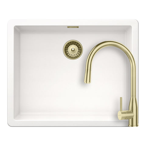 Set chiuvetă bucătărie Schock Greenwich N-100L 556 x 456 mm Cristadur Polaris, alb polar cu părți vizibile și baterie bucătărie Schock Kavus cu cap extractibil White Gold